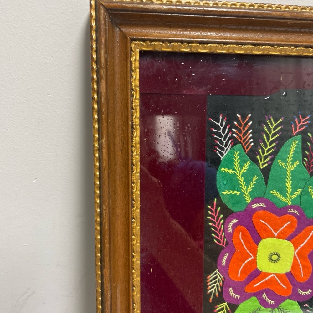 VTG Kuna Mola Folk embroidered Bird Fabric Art Framed @15x16” wooden frame - Picture 5 of 12